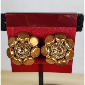 Vintage Jonne House of Schrager Floral Flower Brass Copper Round Clip On Earring